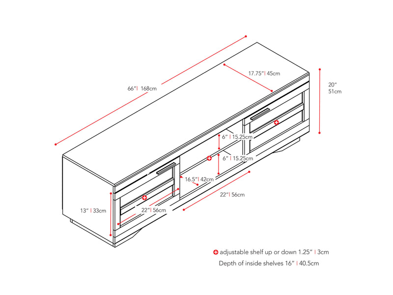 espresso TV Bench for TVs up to 85" Granville Collection measurements diagram by CorLiving