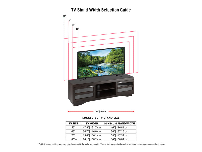 espresso TV Bench for TVs up to 85" Granville Collection infographic by CorLiving