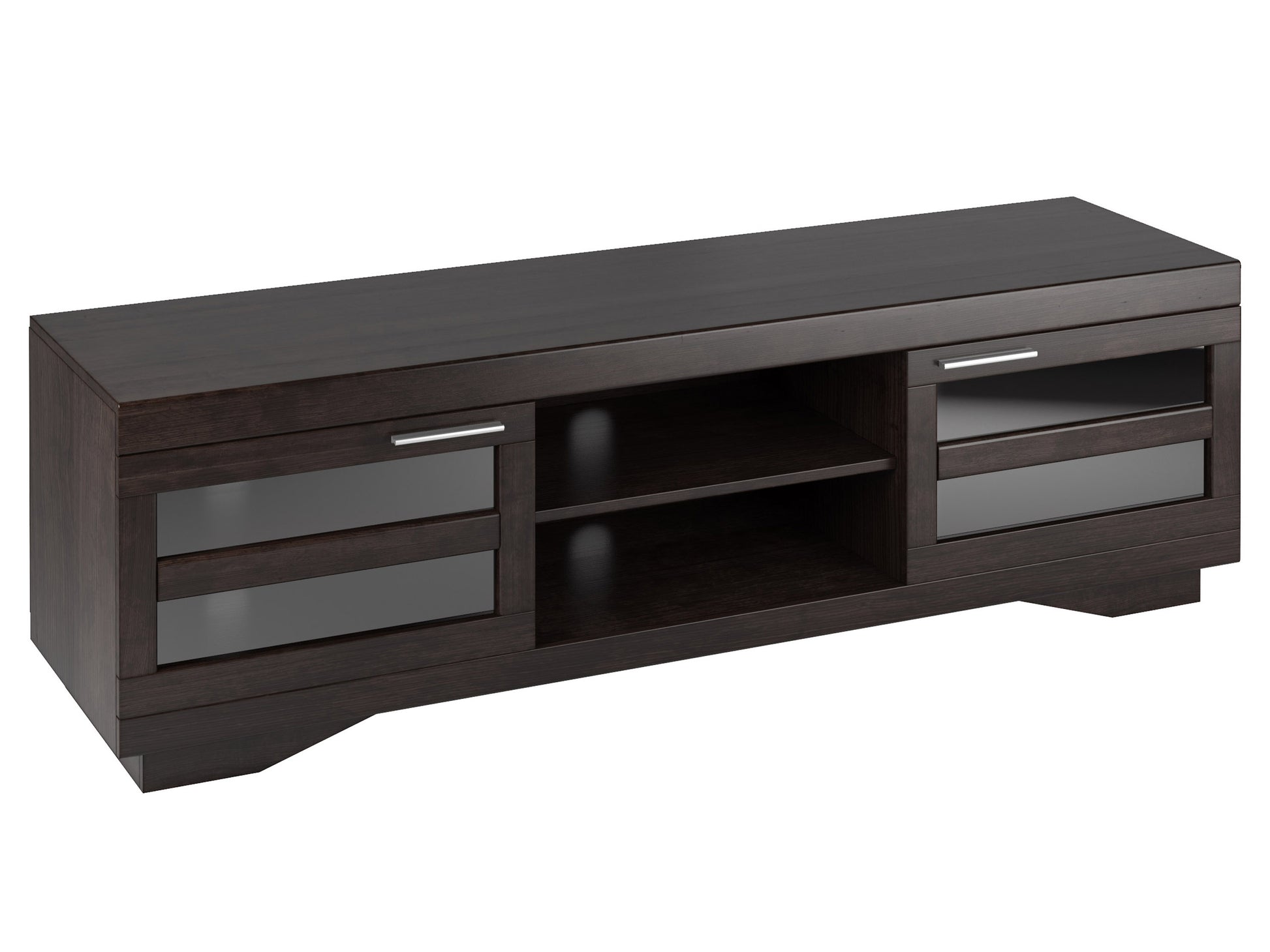 Modern TV stand for TVs up to 85 inches, featuring a sleek black finish with wooden accents, open shelving, and closed compartments for storage, perfect for contemporary living rooms.