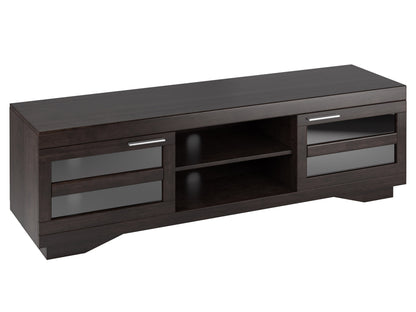 Modern TV stand for TVs up to 85 inches, featuring a sleek black finish with wooden accents, open shelving, and closed compartments for storage, perfect for contemporary living rooms.