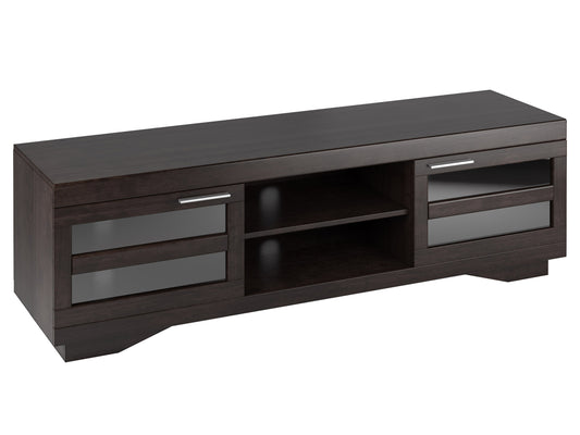 Modern TV stand for TVs up to 85 inches, featuring a sleek black finish with wooden accents, open shelving, and closed compartments for storage, perfect for contemporary living rooms.