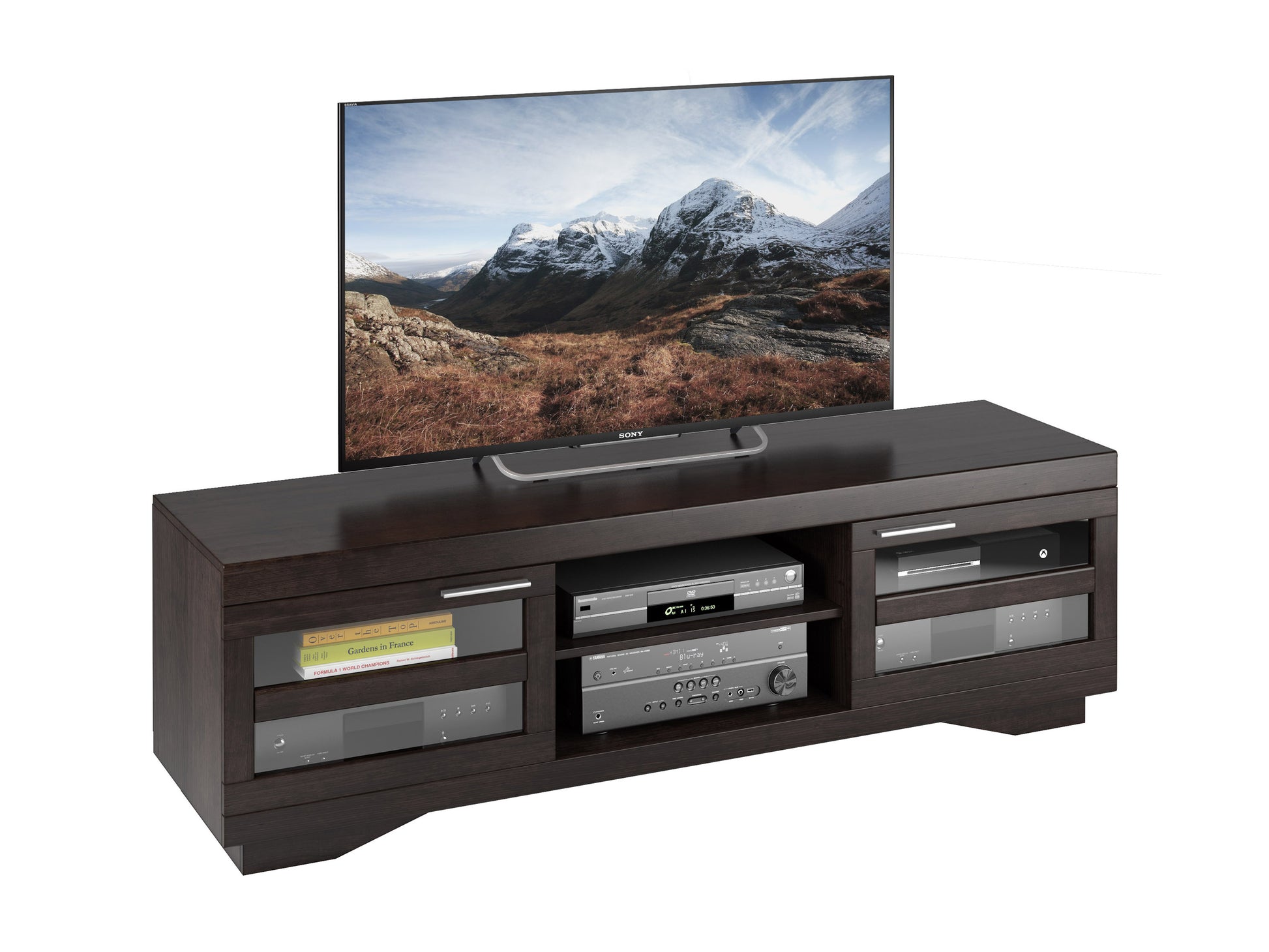 Modern black and brown TV stand with open shelving, sleek metal frame, and wood finish, perfect for contemporary living rooms.