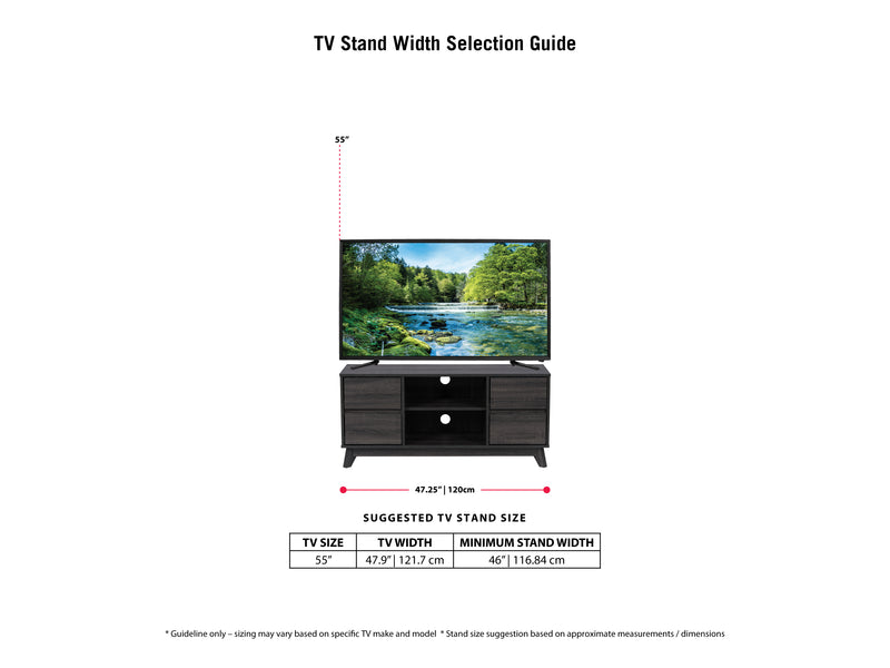 dark grey Modern TV Stand for TVs up to 55" Hollywood Collection infographic by CorLiving