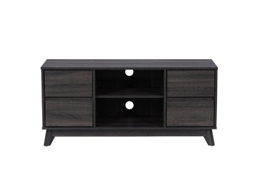 Modern wooden TV stand with walnut finish, featuring two open shelves and two sliding doors with black metal handles, perfect for living room storage and organization.
