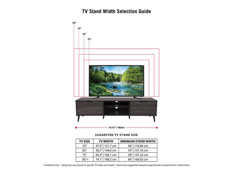 dark grey TV Bench - Open & Closed Storage, TVs up to 85" Cole Collection infographic by CorLiving