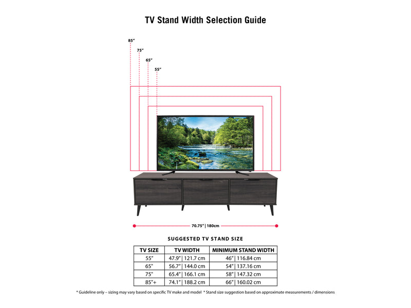 dark grey TV Bench with Cabinet Storage, TVs up to 85" Cole Collection infographic by CorLiving