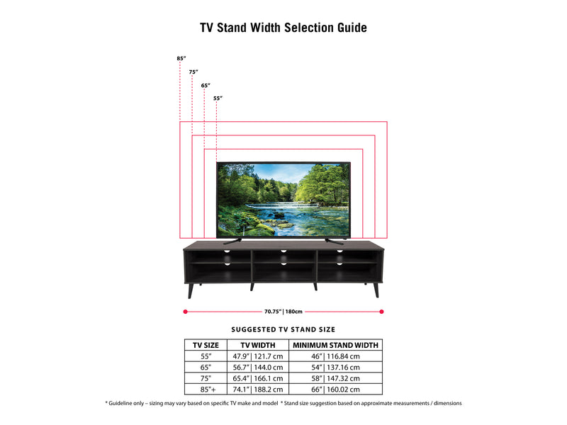 dark grey TV Bench with Open Shelves, TVs up to 85" Cole Collection infographic by CorLiving