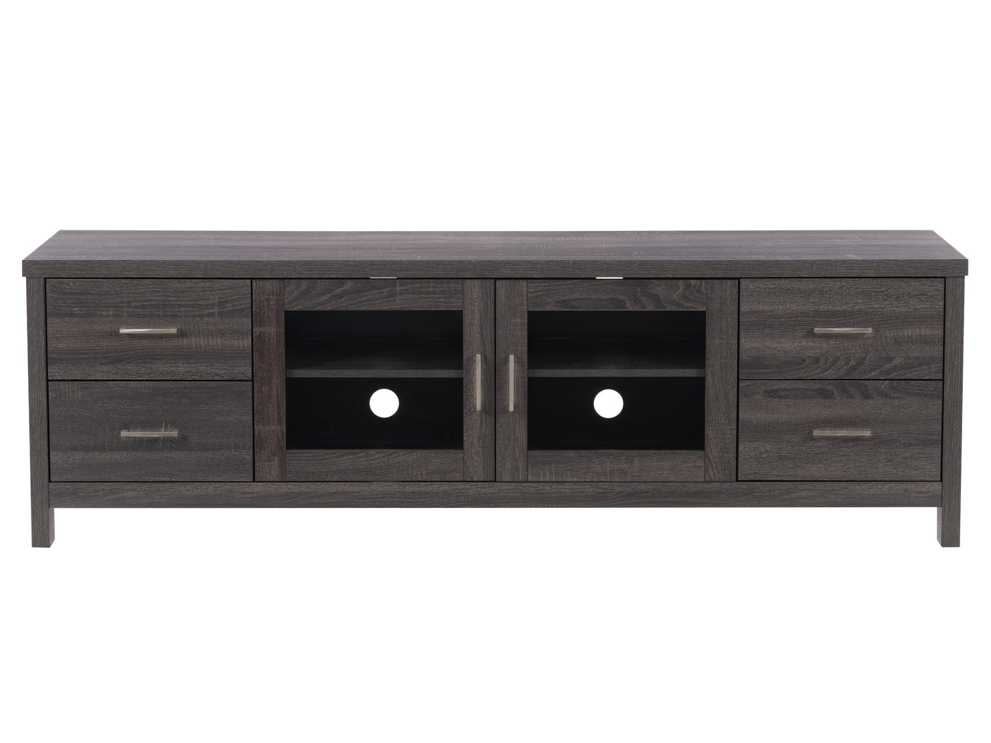 Modern TV cabinet with doors, fits TVs up to 85 inches, featuring a sleek black finish, sturdy wooden construction, minimalist design, and ample storage space with adjustable shelves for media accessories.