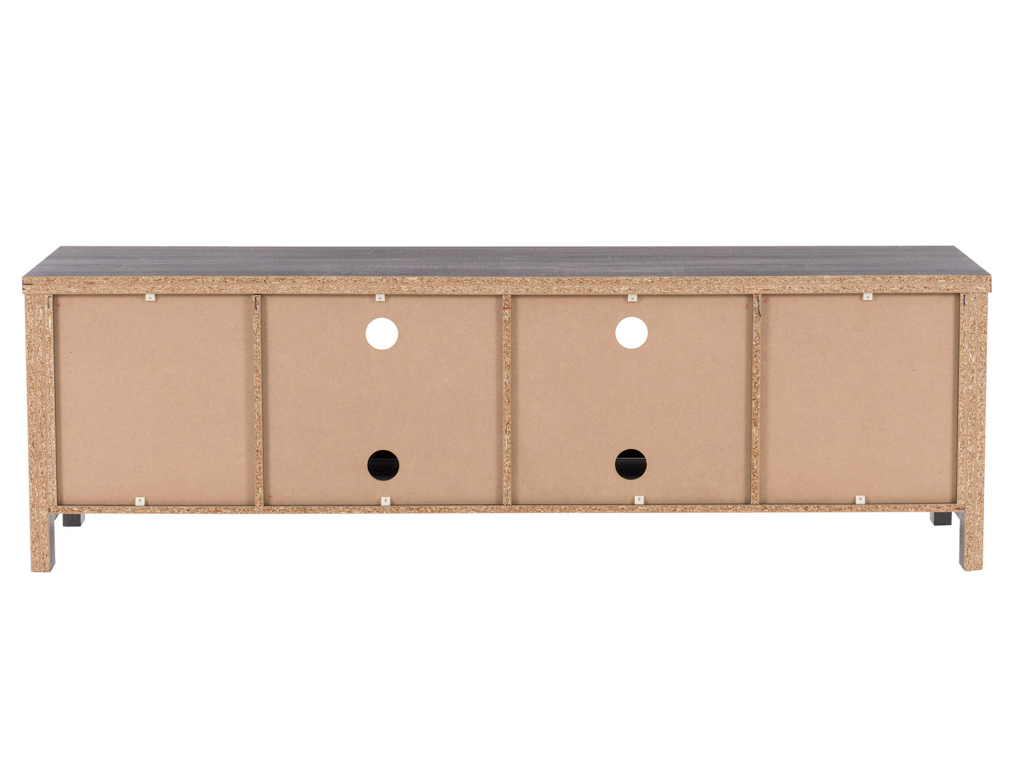 Modern wooden TV stand with two open shelves, two sliding barn-style doors, and black metal hardware. Crafted from rustic brown wood, it features a sturdy design perfect for organizing media equipment and decor.