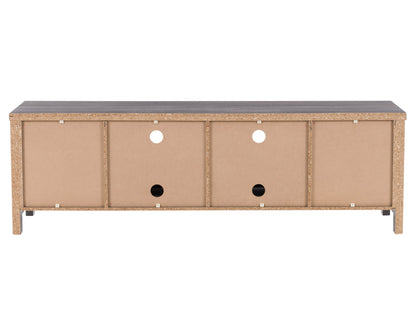 Modern wooden TV stand with two open shelves, two sliding barn-style doors, and black metal hardware. Crafted from rustic brown wood, it features a sturdy design perfect for organizing media equipment and decor.
