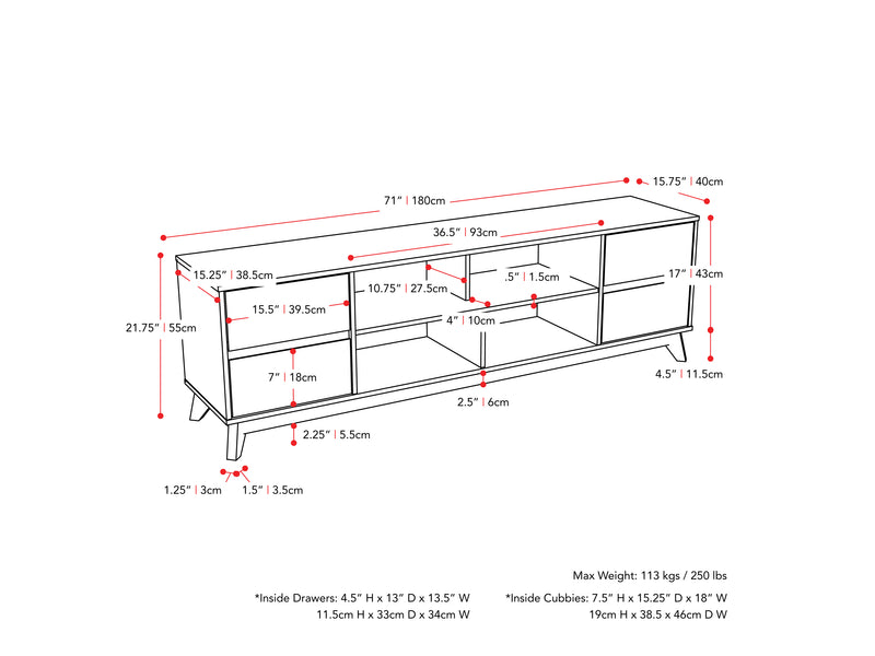 brown Modern TV Stand for TVs up to 85" Hollywood Collection measurements diagram by CorLiving