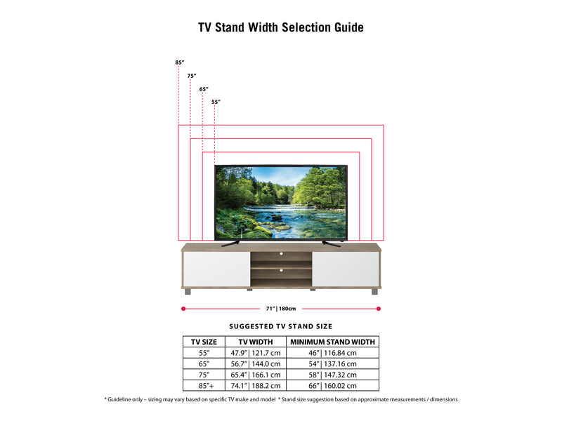 brown and white Modern TV Stand for TVs up to 85" Hollywood Collection infographic by CorLiving