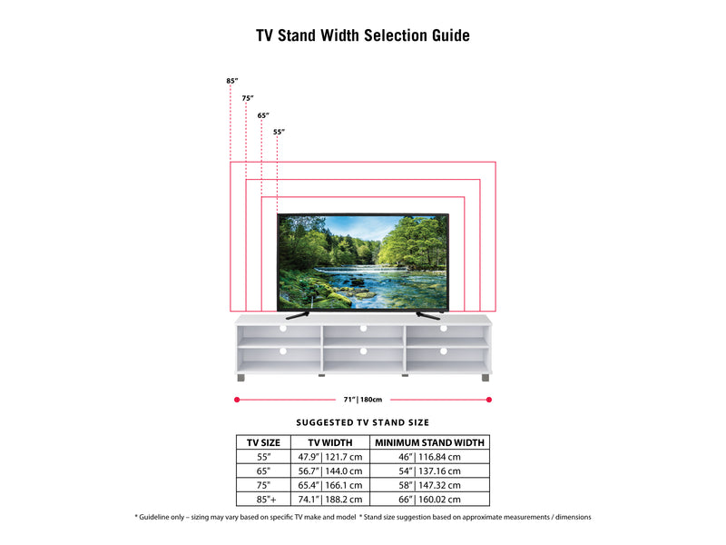 white Modern TV Stand for TVs up to 85" Hollywood Collection infographic by CorLiving