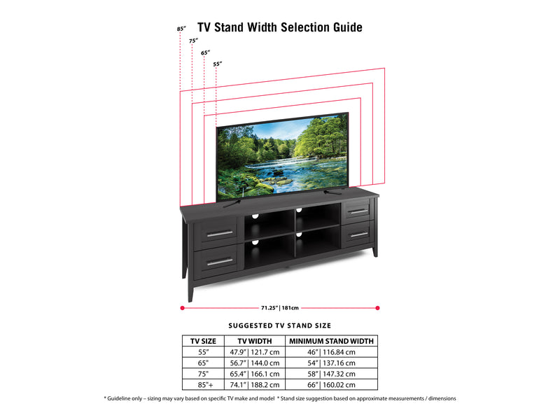 black Wide TV Stand for TVs up to 85" Jackson Collection infographic by CorLiving