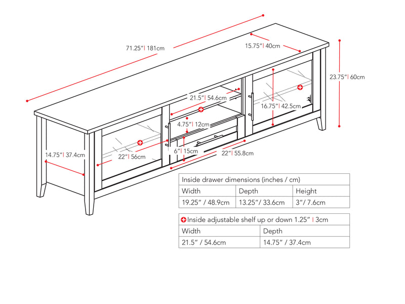 black TV Stand with Doors for TVs up to 85" Jackson Collection measurements diagram by CorLiving