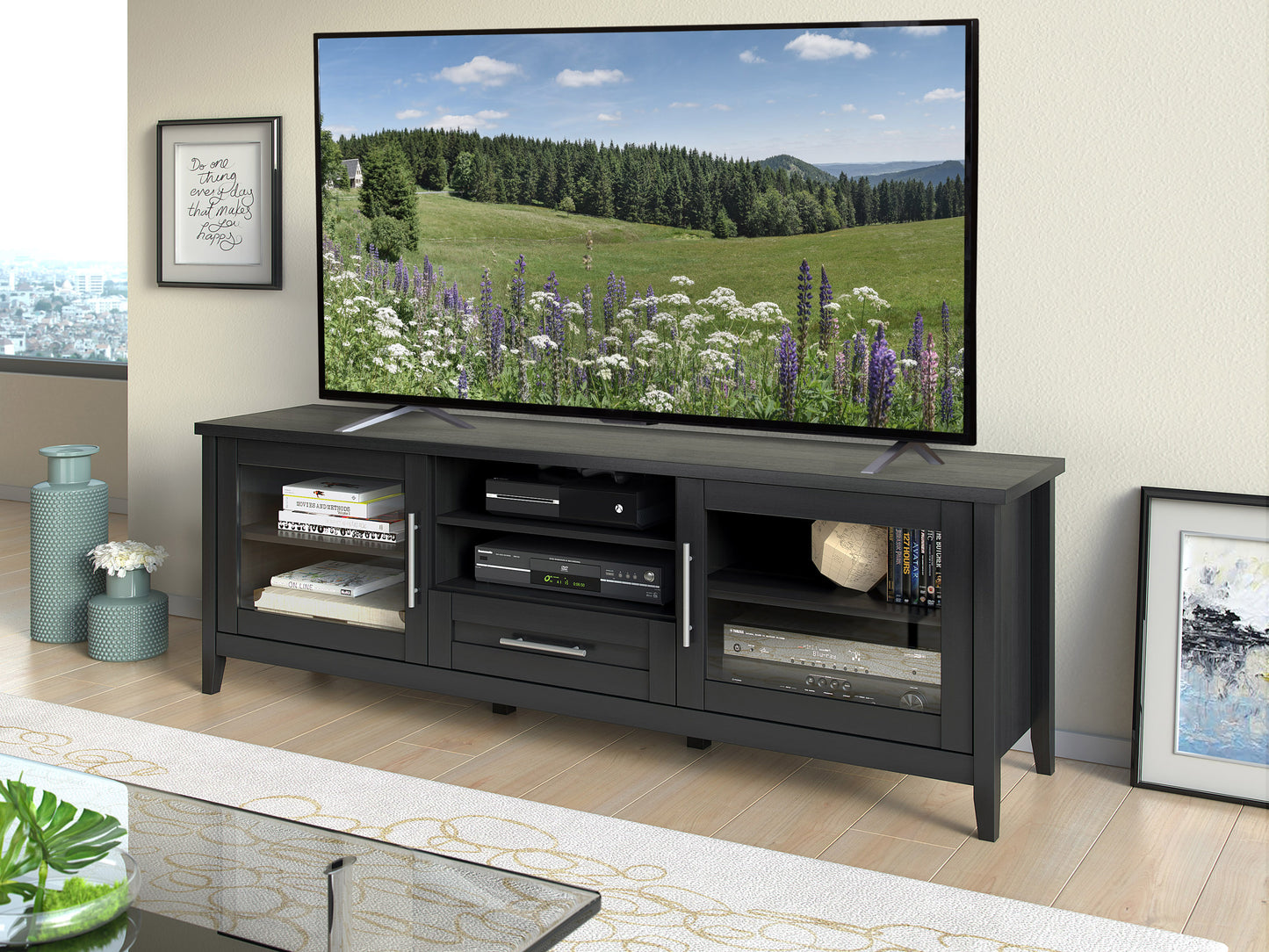 Modern TV stand in dark wood finish with sleek metal accents, featuring open shelving and two spacious cabinets for storage, ideal for contemporary living rooms.