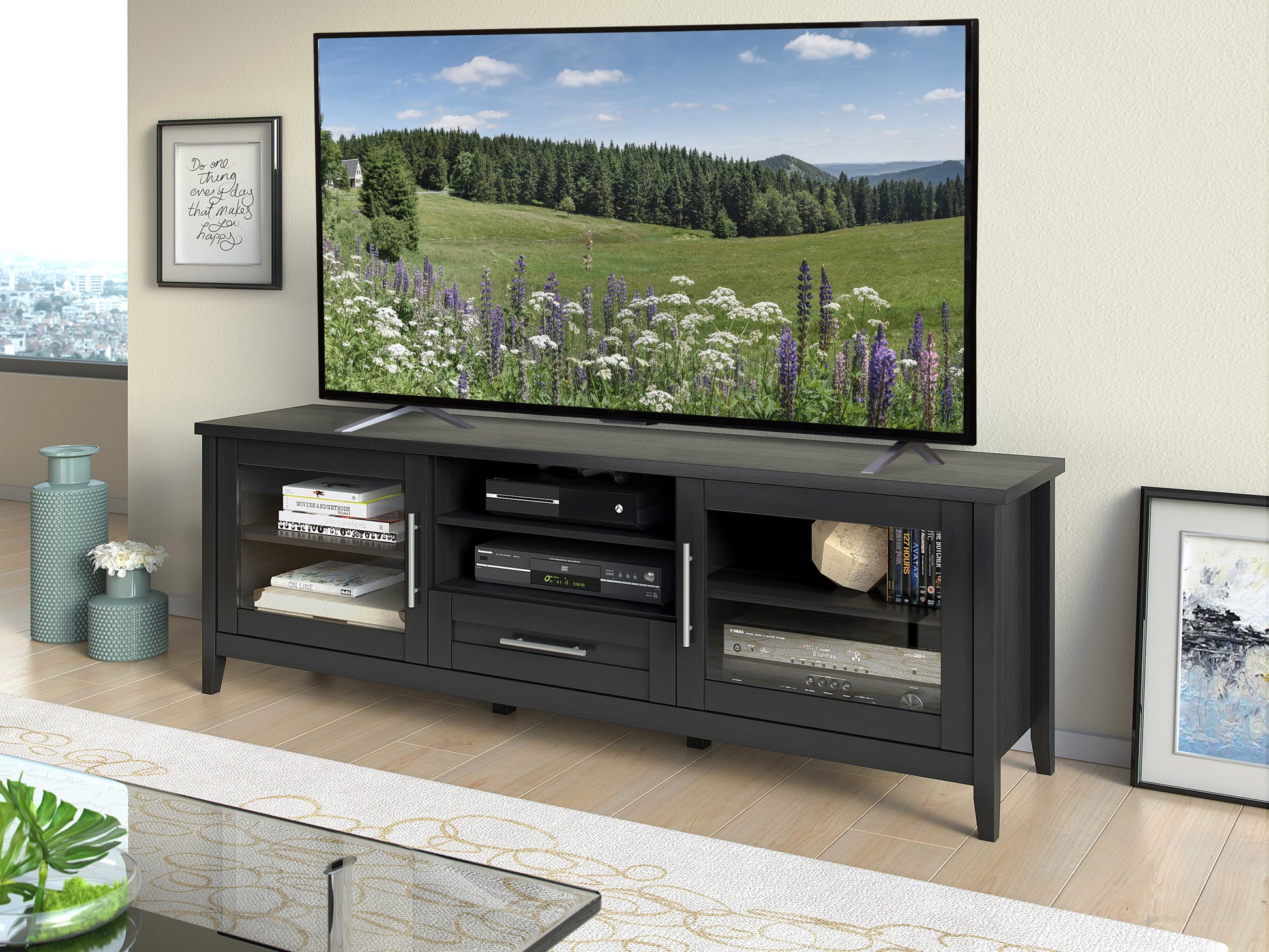 Modern TV stand in dark wood finish with sleek metal accents, featuring open shelving and two spacious cabinets for storage, ideal for contemporary living rooms.