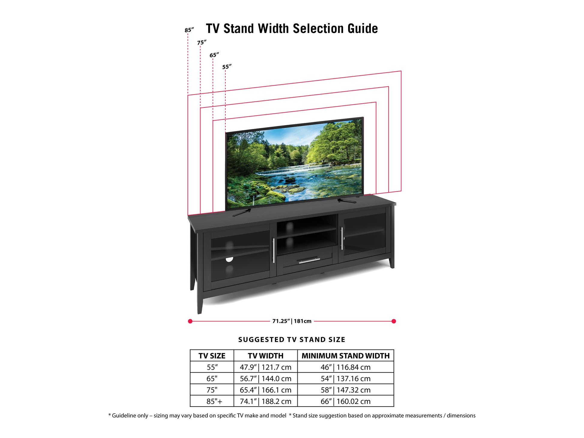 Modern TV stand with doors, fits TVs up to 85 inches, sleek black finish, wooden texture, minimalist design, ample storage space, adjustable shelves, cable management system, sturdy construction.