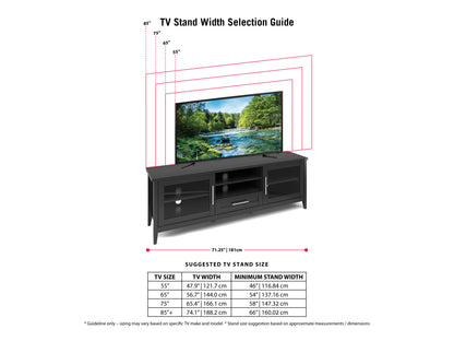 Modern TV stand with doors, fits TVs up to 85 inches, sleek black finish, wooden texture, minimalist design, ample storage space, adjustable shelves, cable management system, sturdy construction.