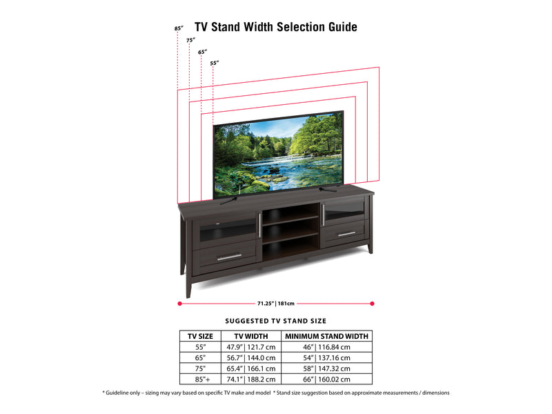 espresso Extra Wide TV Stand for TVs up to 85" Jackson Collection infographic by CorLiving