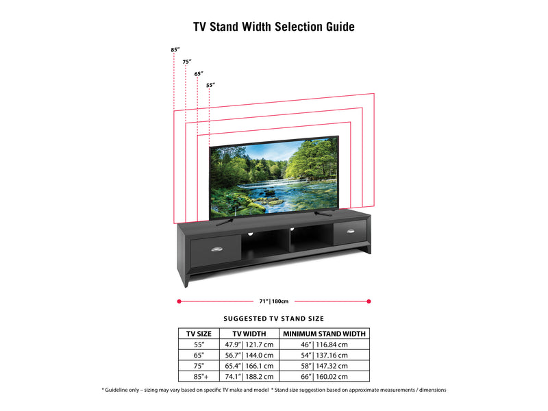 black TV Stand for TVs up to 85" Lakewood Collection infographic by CorLiving