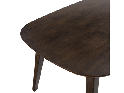 Mid-century modern dining set with walnut wood table and six teal upholstered chairs, featuring sleek lines and tapered legs, perfect for contemporary dining rooms.
