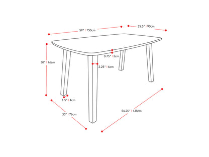 Modern dining set with a rectangular wooden table, black metal legs, and four matching chairs featuring cushioned beige seats and backrests, perfect for contemporary dining rooms.