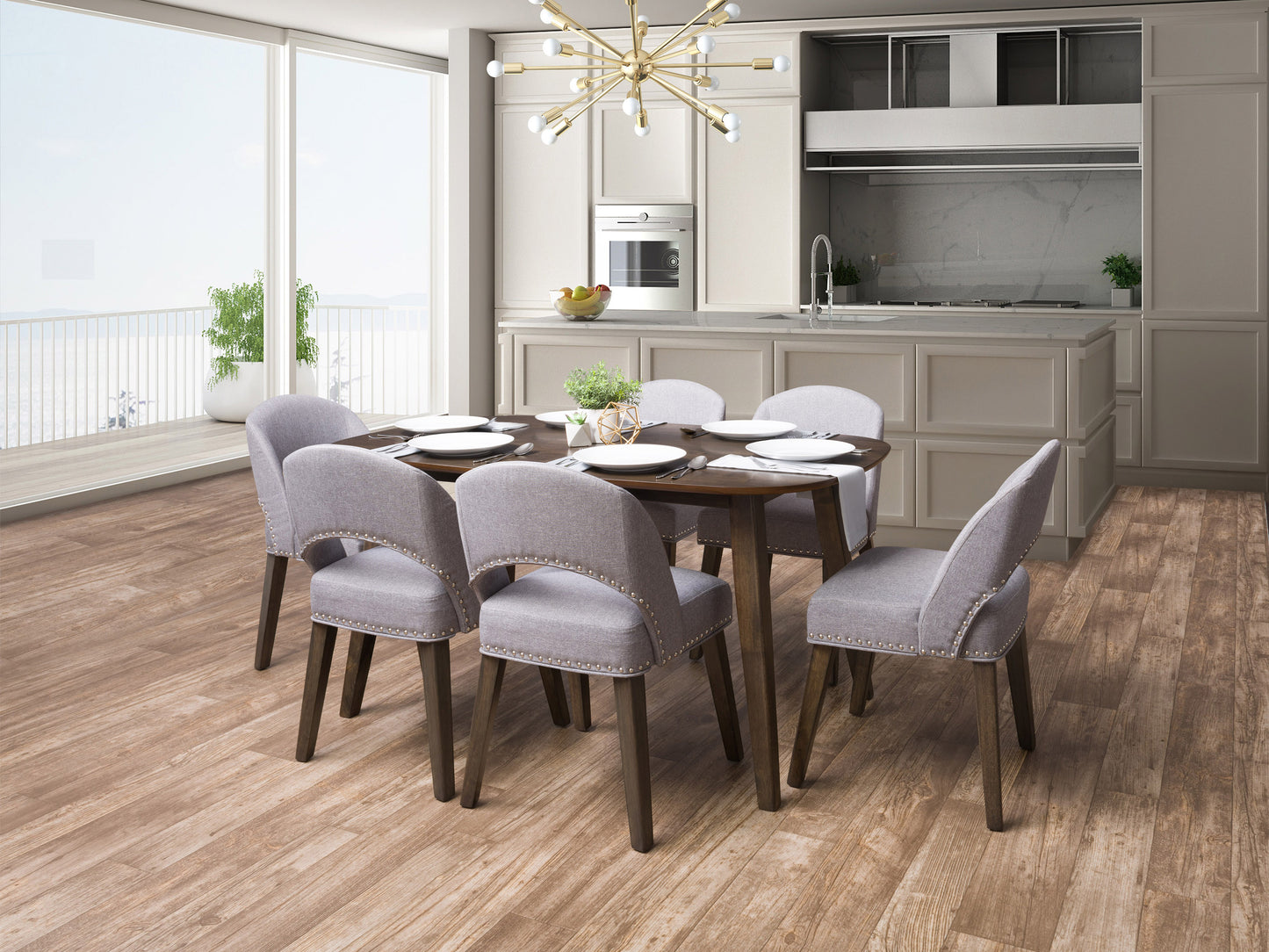 Mid-century modern dining set with 6 grey upholstered chairs and a rectangular wooden table, featuring sleek lines, tapered legs, and a walnut finish, perfect for contemporary dining rooms.