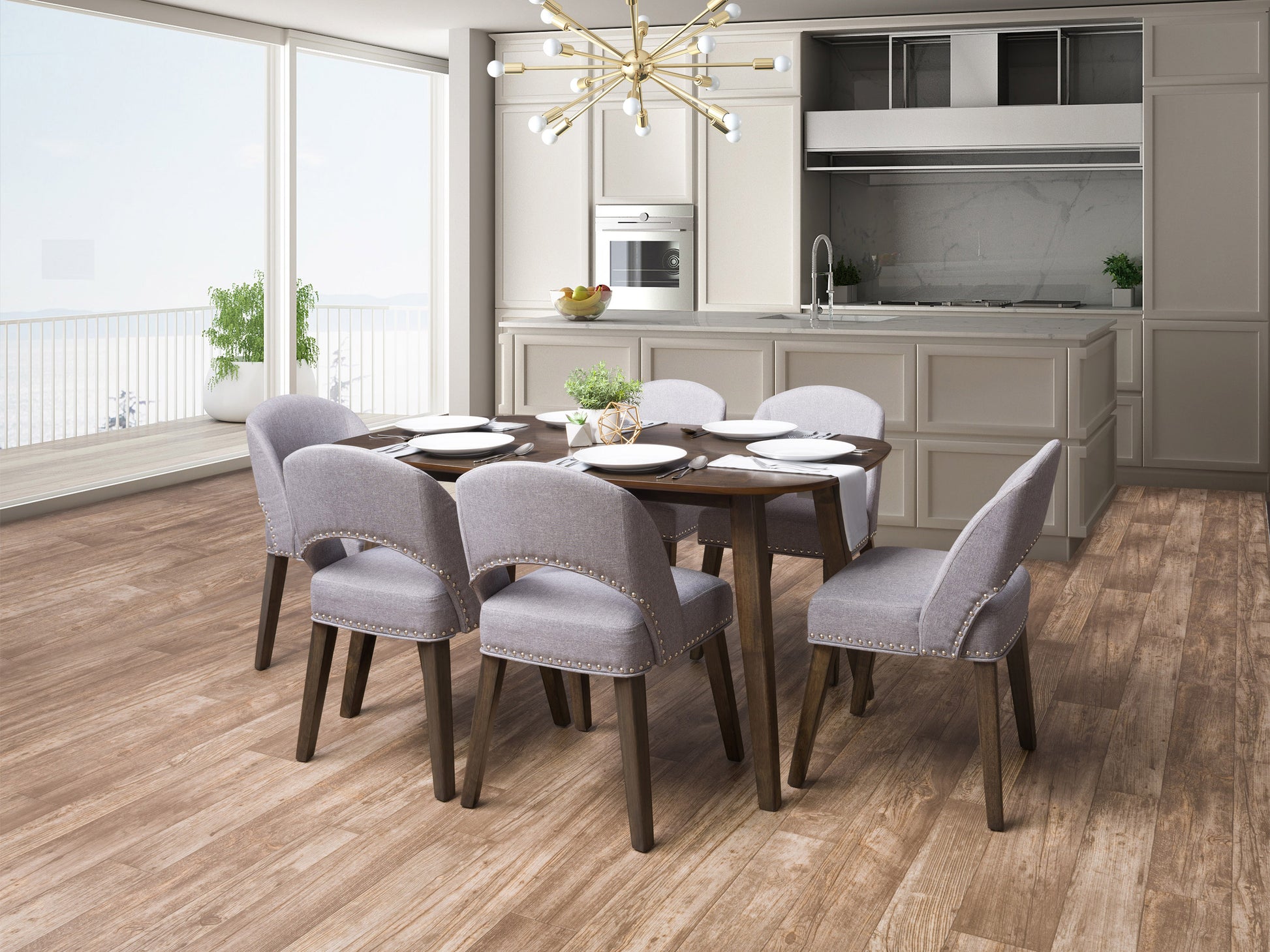 Mid-century modern dining set with 6 grey upholstered chairs and a rectangular wooden table, featuring sleek lines, tapered legs, and a walnut finish, perfect for contemporary dining rooms.
