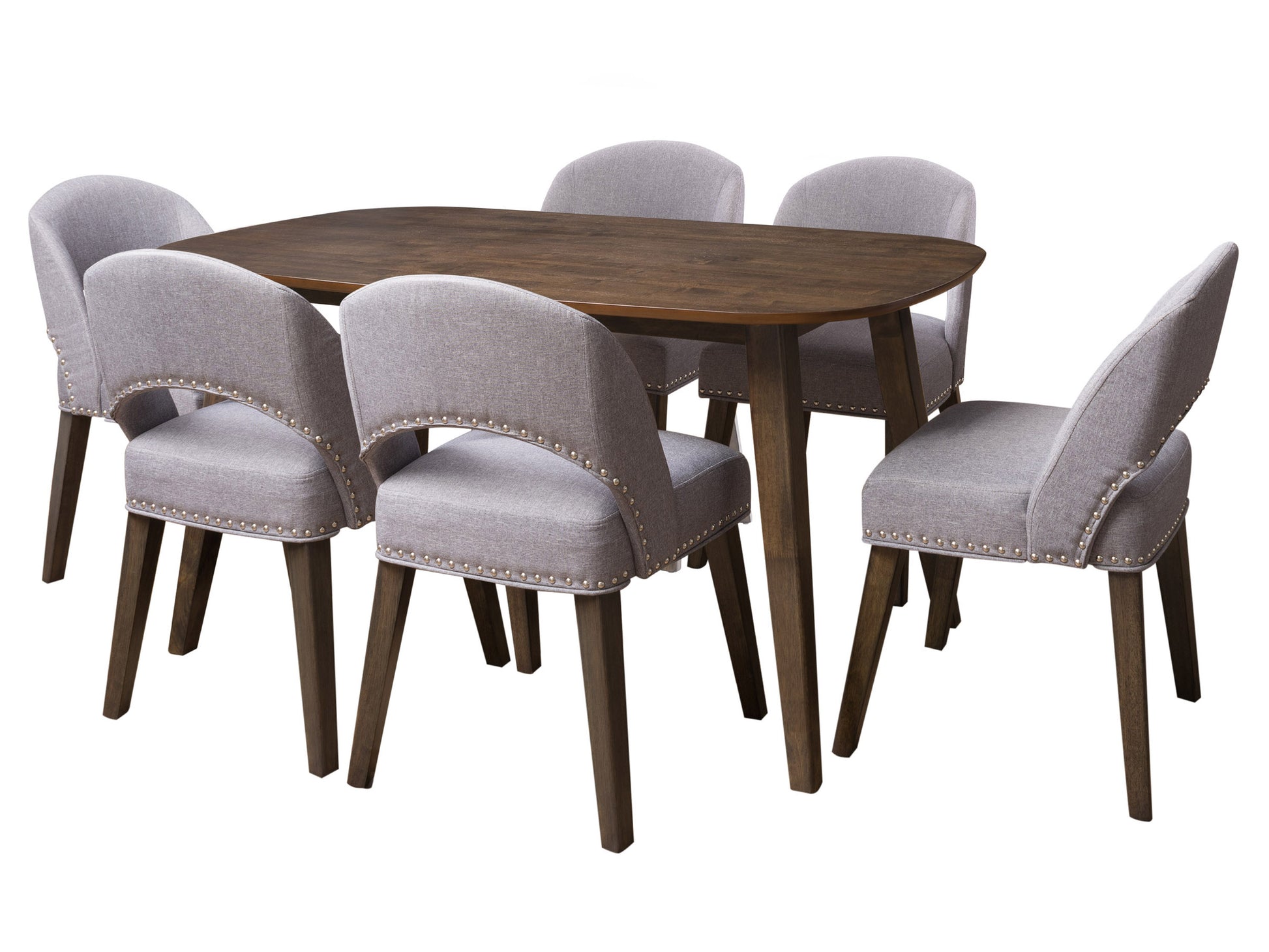 Mid-century modern 7-piece dining set with a walnut wood table and six upholstered, curved-back chairs in light gray fabric. Sleek lines, tapered legs, and minimalist design perfect for contemporary dining spaces.