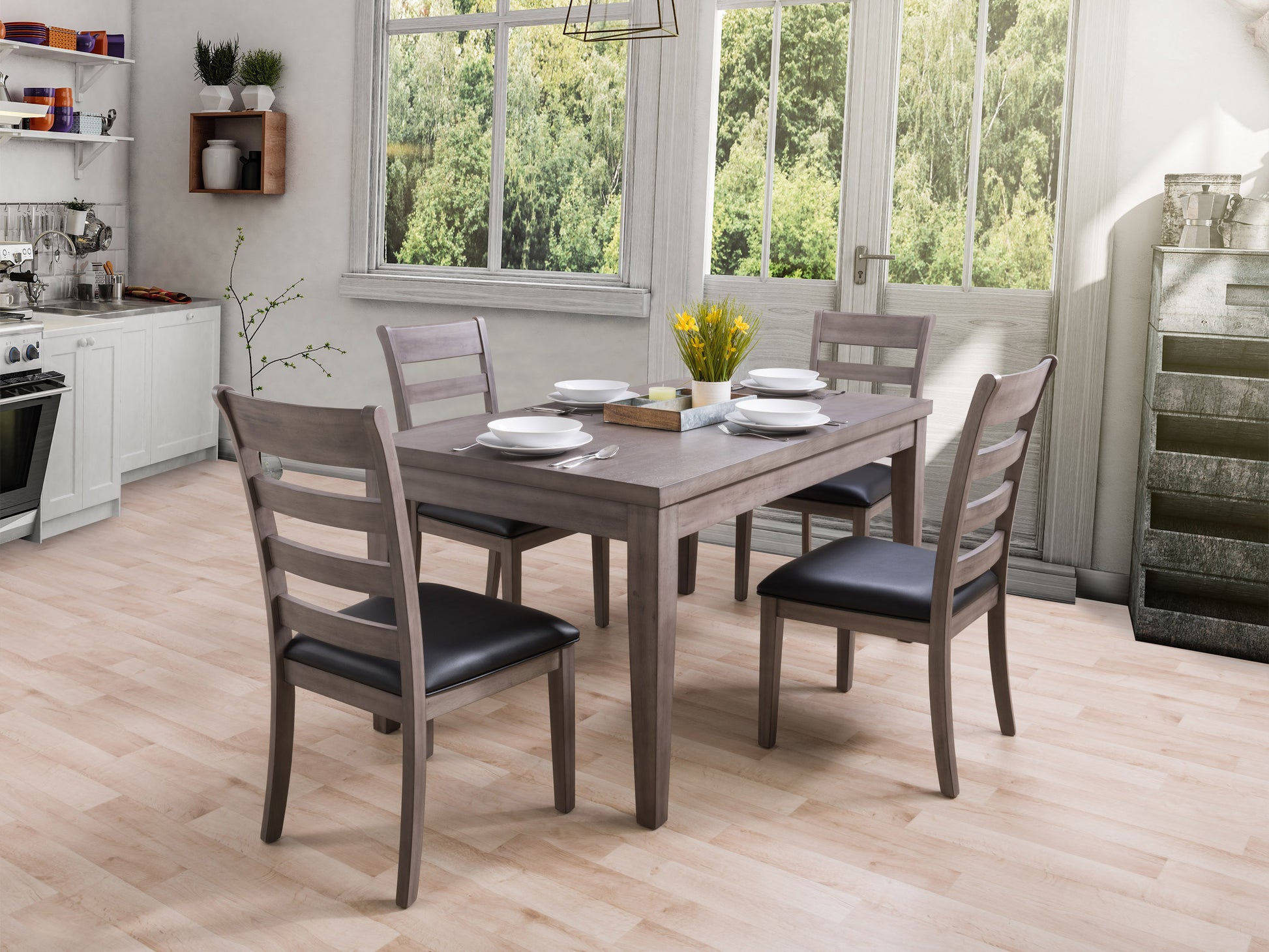 Modern 5 piece dining set with a rectangular wooden table and four cushioned chairs in dark brown finish, featuring sleek lines and contemporary design, perfect for stylish dining rooms or kitchens.