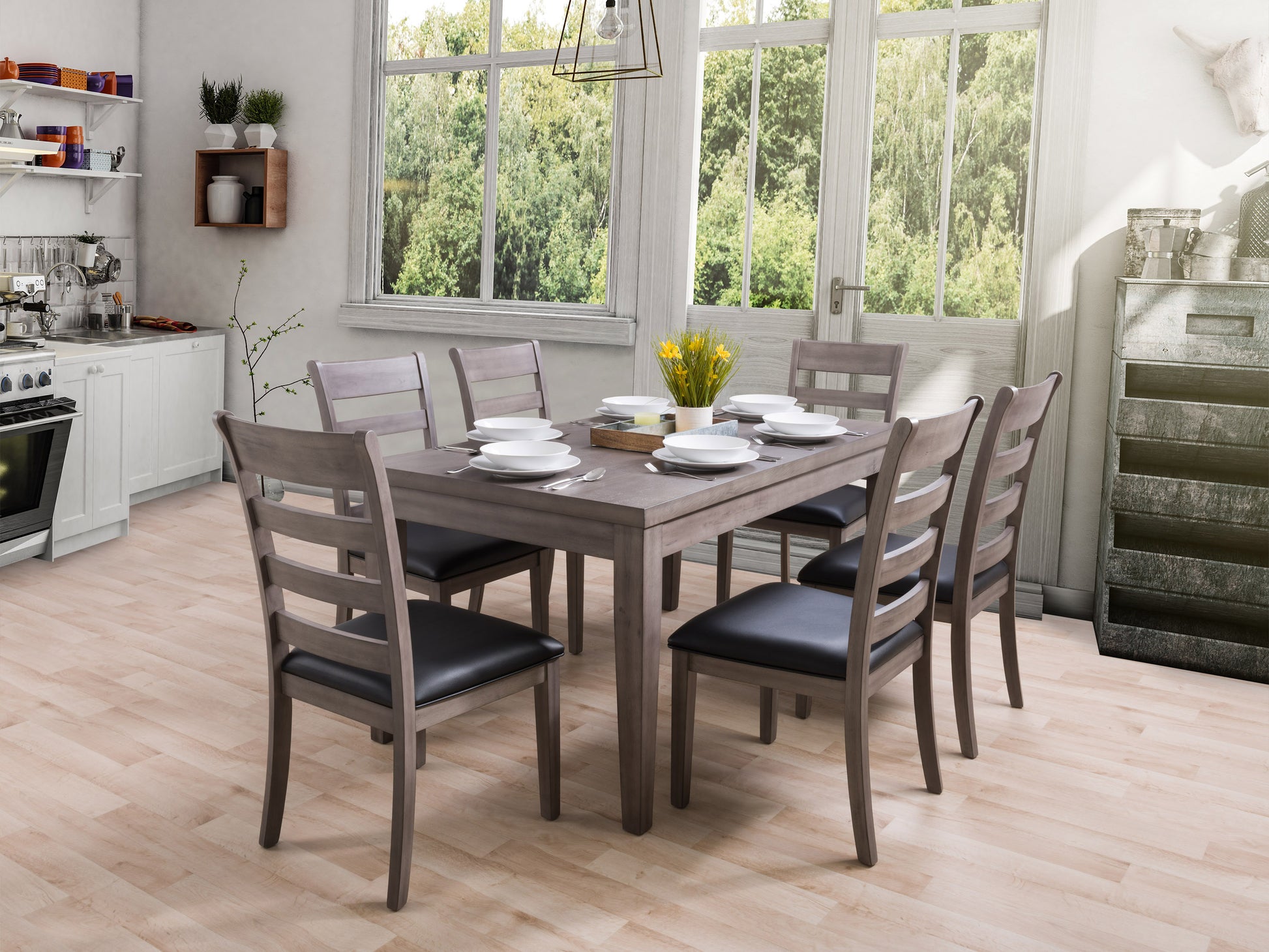 7 piece wooden dining set with a rectangular table and six chairs, featuring a sleek dark brown finish, cushioned seats, and a contemporary design perfect for modern dining rooms.