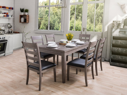 7 piece wooden dining set with a rectangular table and six chairs, featuring a sleek dark brown finish, cushioned seats, and a contemporary design perfect for modern dining rooms.