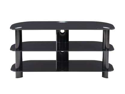 Modern wooden TV stand with sleek black metal legs, featuring two spacious open shelves and a minimalist design. Ideal for contemporary living rooms, providing ample storage for media devices and decor.