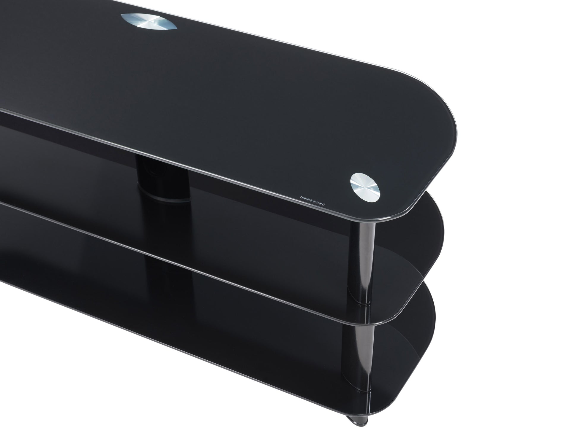 Sleek glass TV stand with black metal frame, three tempered glass shelves, and cable management system; supports TVs up to 65 inches.