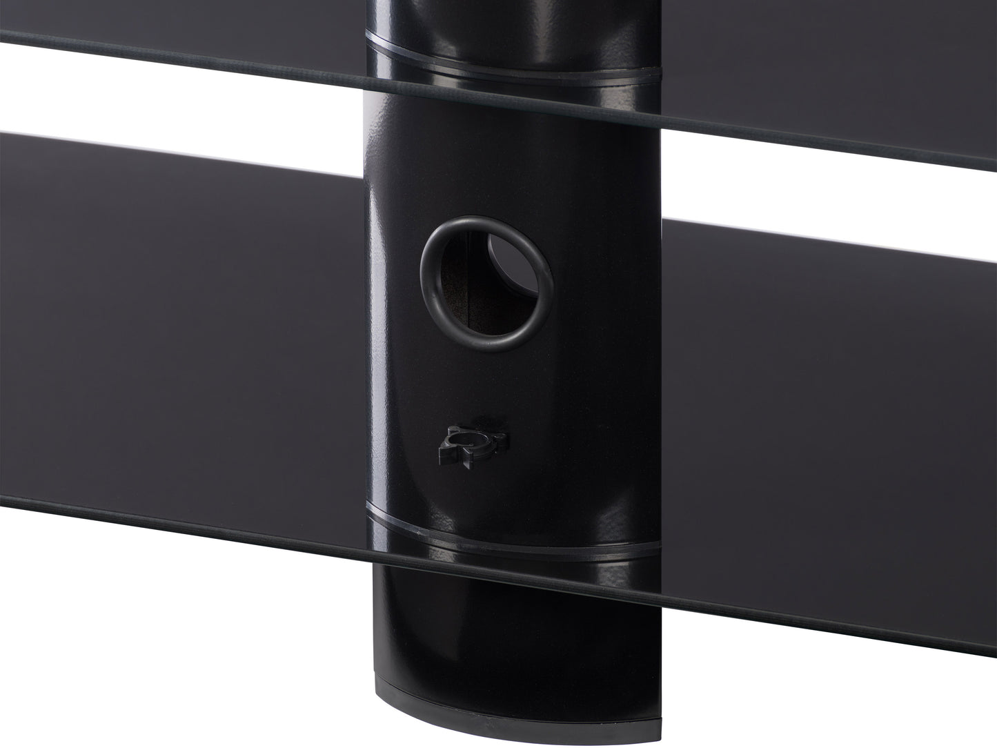 Black glass TV stand with chrome legs, fits TVs up to 65 inches, sleek modern design, sturdy construction, tempered glass shelves for storage, ideal for contemporary living rooms.