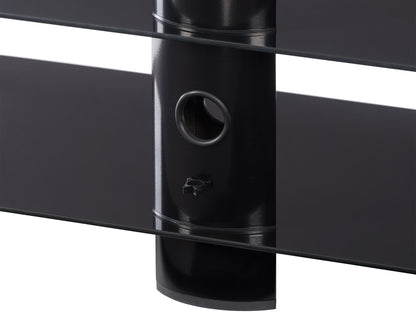 Black glass TV stand with chrome legs, fits TVs up to 65 inches, sleek modern design, sturdy construction, tempered glass shelves for storage, ideal for contemporary living rooms.