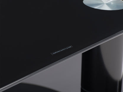 Modern TV stand with walnut finish, sleek black metal frame, and two open shelves for storage. The stand features a minimalist design with clean lines, perfect for contemporary living rooms.