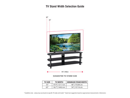 Black glass TV stand with sleek chrome legs, fits TVs up to 65 inches, features three tempered glass shelves for ample storage, modern minimalist design, perfect for contemporary living rooms.
