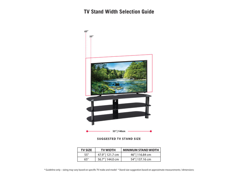 black Glass TV Stand for TVs up to 65" Laguna Collection infographic by CorLiving