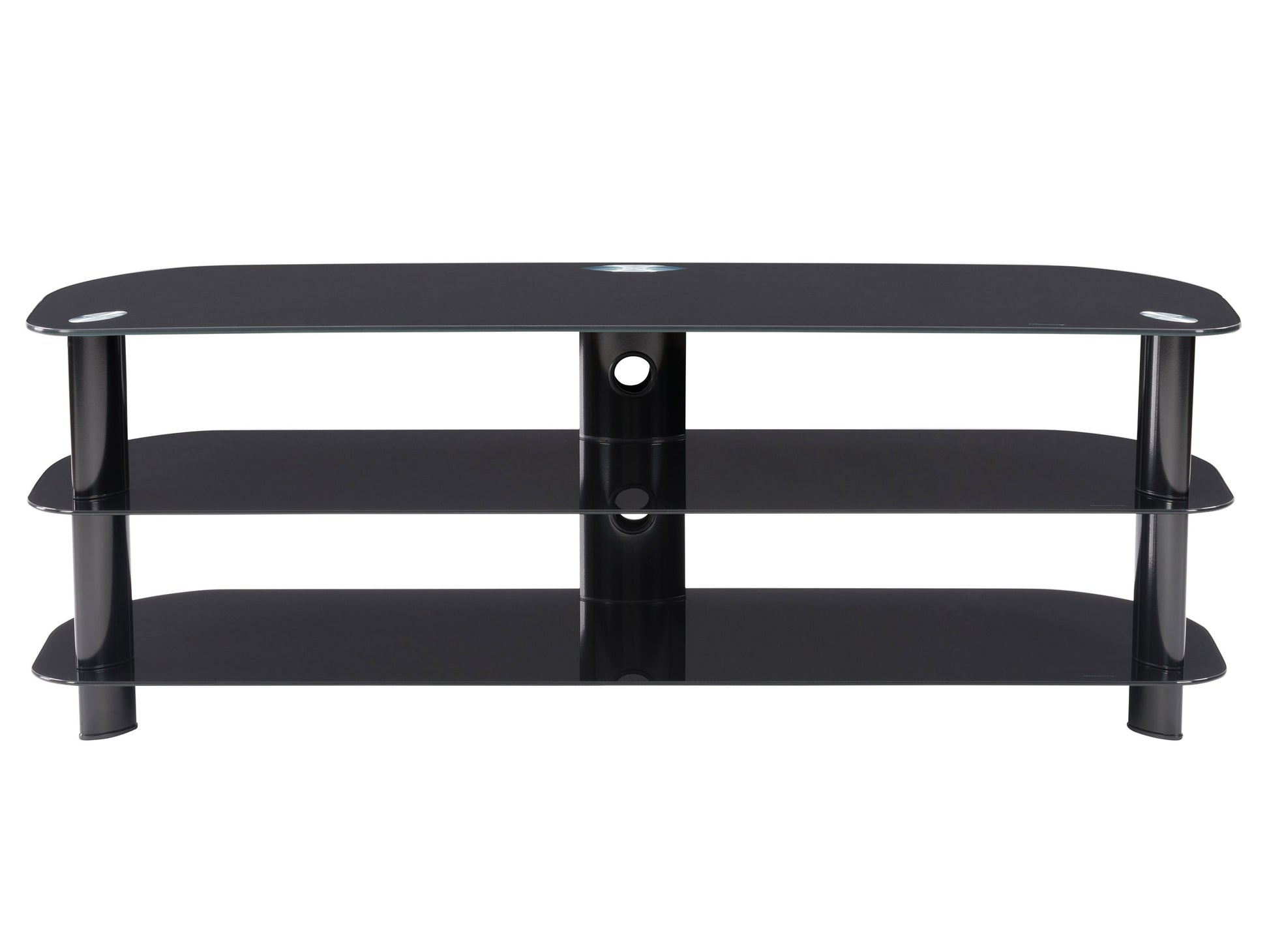 Modern wooden TV stand with two open shelves, two cabinets, and sleek black metal legs. Features a natural wood grain finish, perfect for contemporary living rooms or entertainment areas.