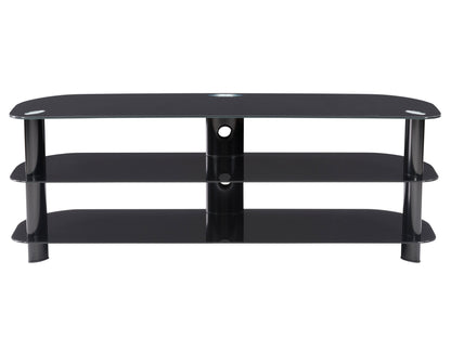 Modern wooden TV stand with two open shelves, two cabinets, and sleek black metal legs. Features a natural wood grain finish, perfect for contemporary living rooms or entertainment areas.