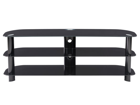 Modern wooden TV stand with two open shelves, two cabinets, and sleek black metal legs. Features a natural wood grain finish, perfect for contemporary living rooms or entertainment areas.