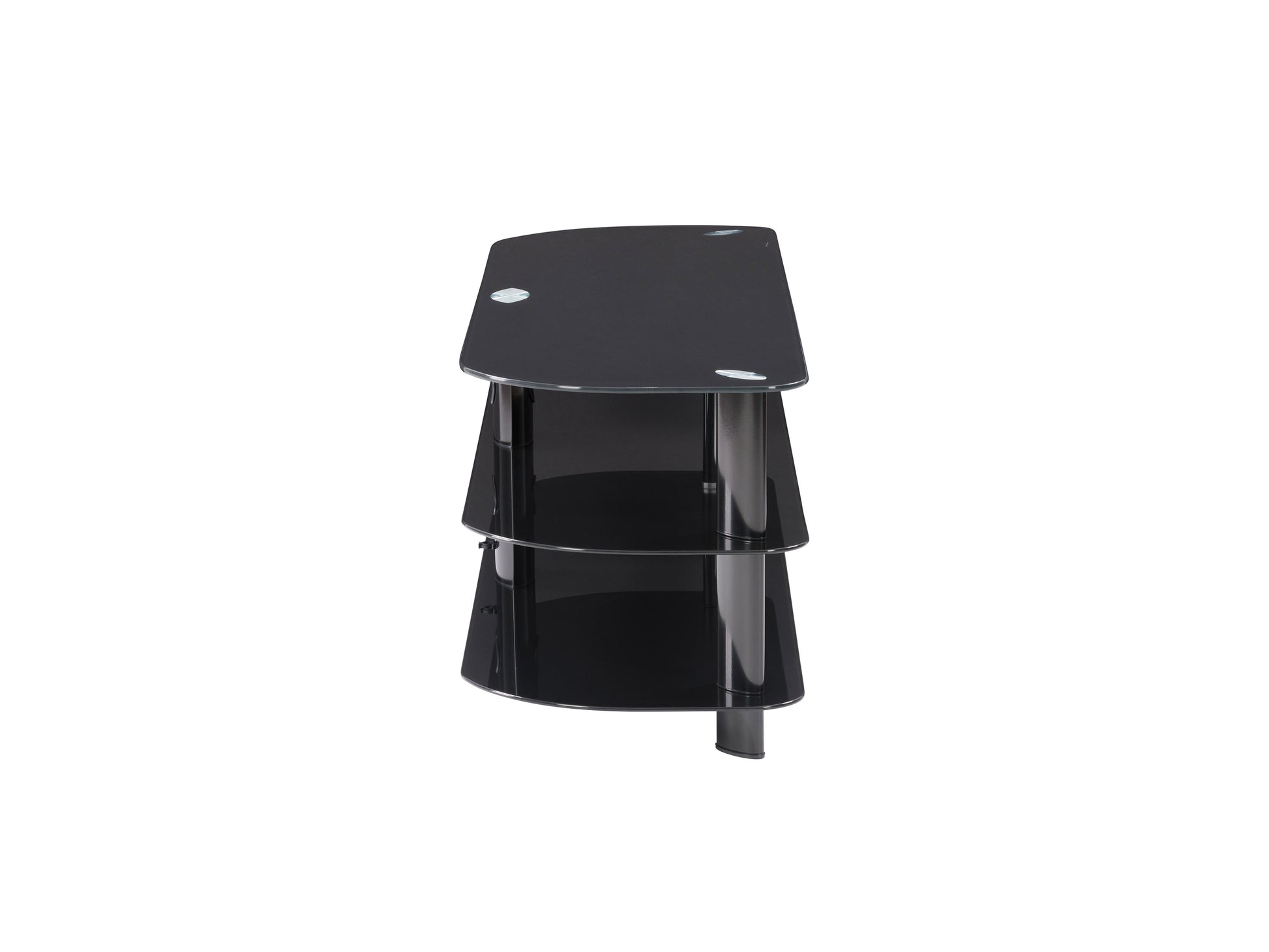 Black glass TV stand with chrome legs, three-tiered shelf design, and cable management system, suitable for TVs up to 65 inches. Modern, sleek, and durable for living room or entertainment area.
