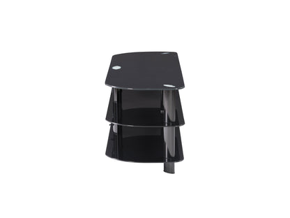 Black glass TV stand with chrome legs, three-tiered shelf design, and cable management system, suitable for TVs up to 65 inches. Modern, sleek, and durable for living room or entertainment area.