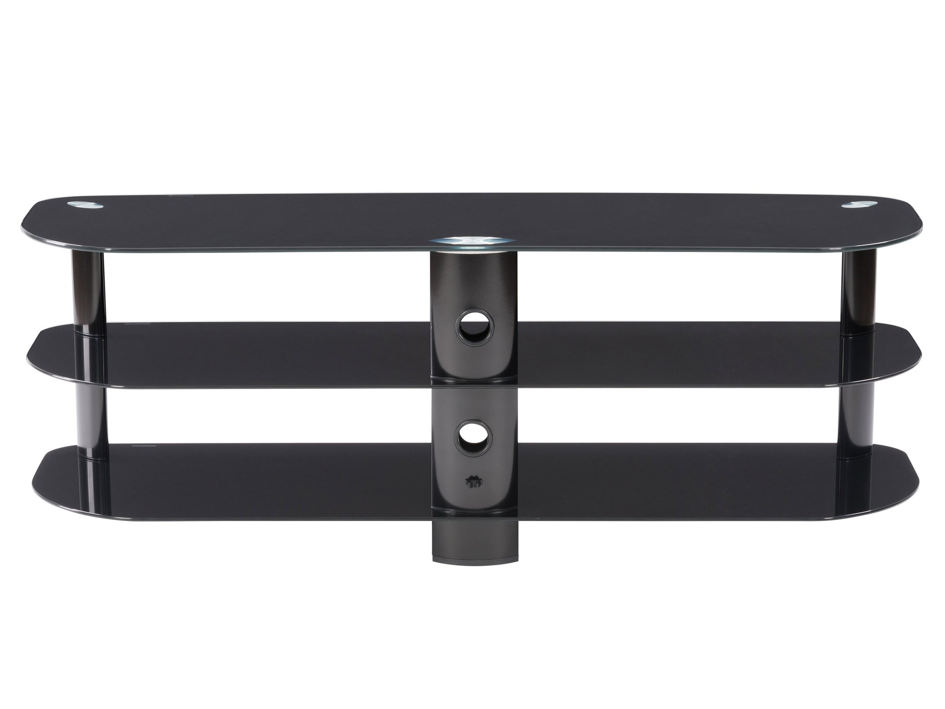 Modern glass TV stand with black metal frame, featuring three tempered glass shelves for TVs up to 65 inches, sleek and minimalist design, perfect for contemporary living rooms.