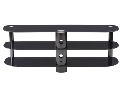Modern glass TV stand with black metal frame, featuring three tempered glass shelves for TVs up to 65 inches, sleek and minimalist design, perfect for contemporary living rooms.