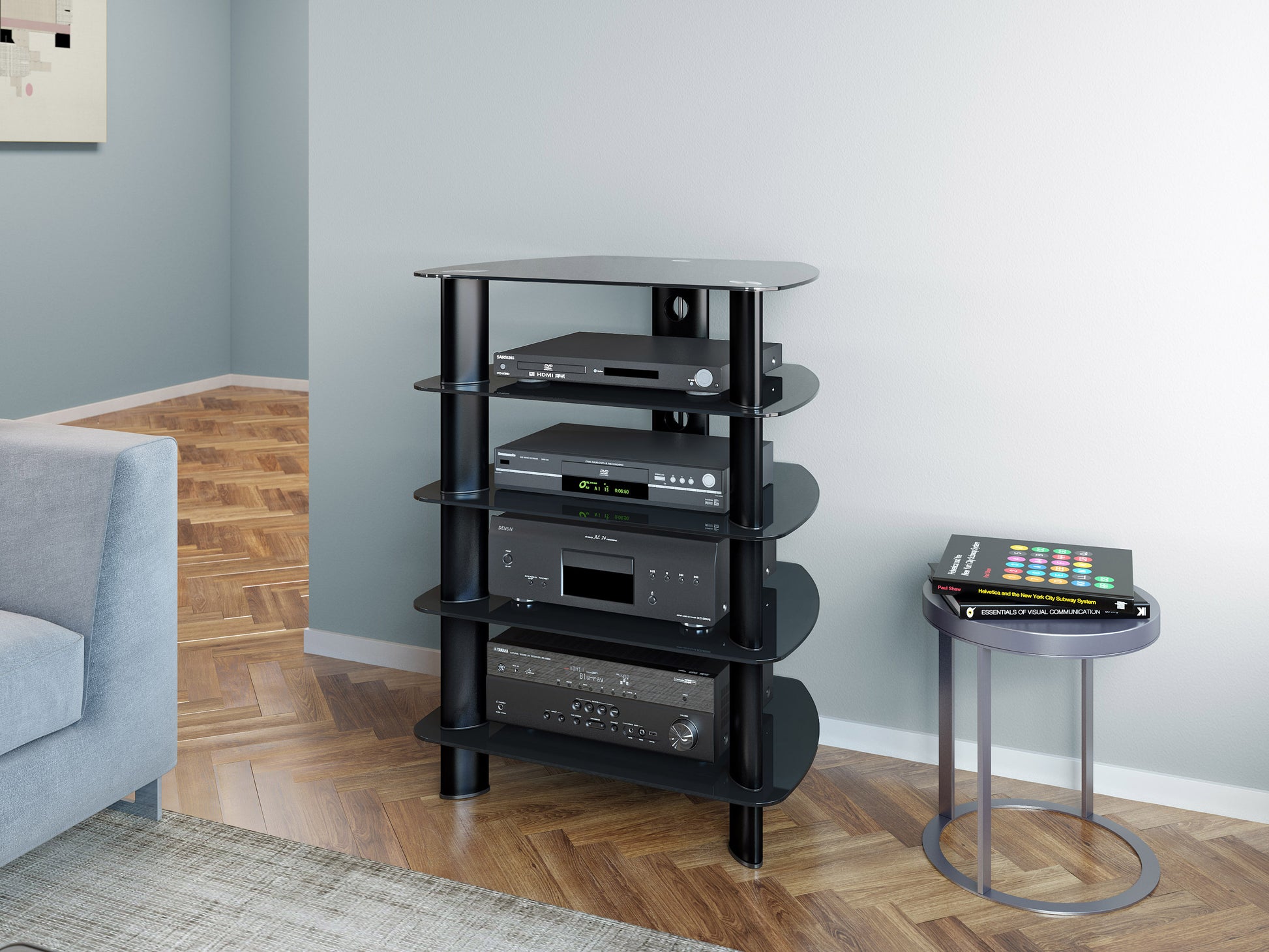Modern media cabinet with walnut veneer finish, sleek black metal handles, and adjustable shelves, perfect for stylish home entertainment setups.