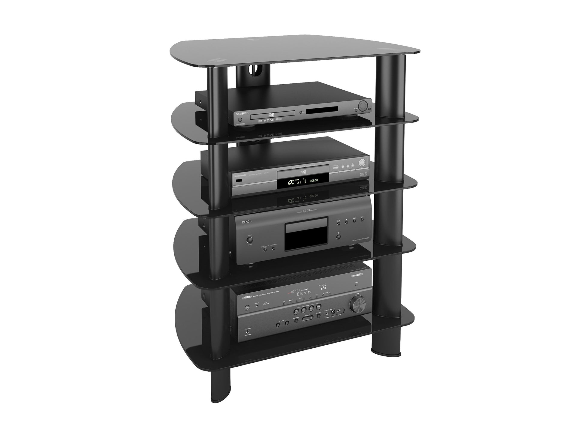 Modern media storage tower with sleek dark wood finish, multiple adjustable shelves, and silver hardware, ideal for organizing DVDs, books, and electronics in a contemporary living room or office setting.