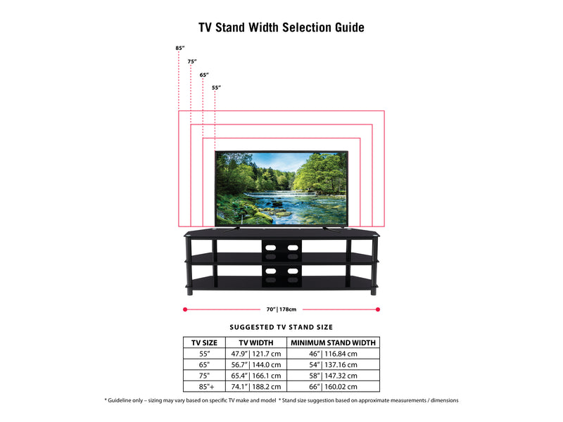 Black TV Bench for TVs up to 85" Travers Collection infographic by CorLiving
